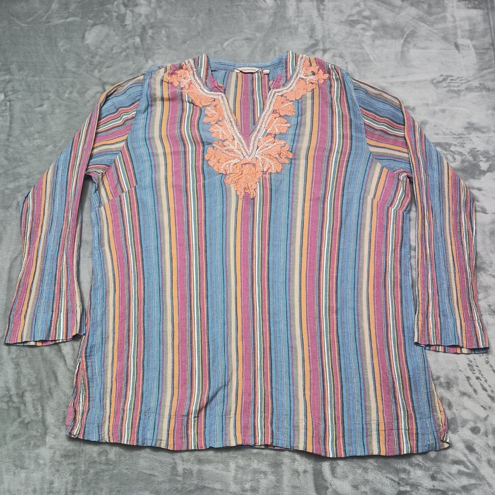 Soft Surroundings Shirt Womens 1X Blue Multi Striped Tunic Embroidered Beaded